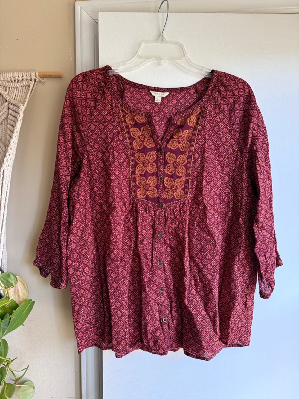 Sonoma Burgundy Red Embroidered Button-Front Women’s Top